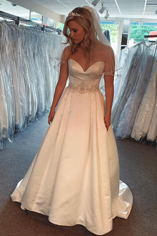 Elegant A-Line Satin Sweetheart White Long Simple Wedding Dress with Beading