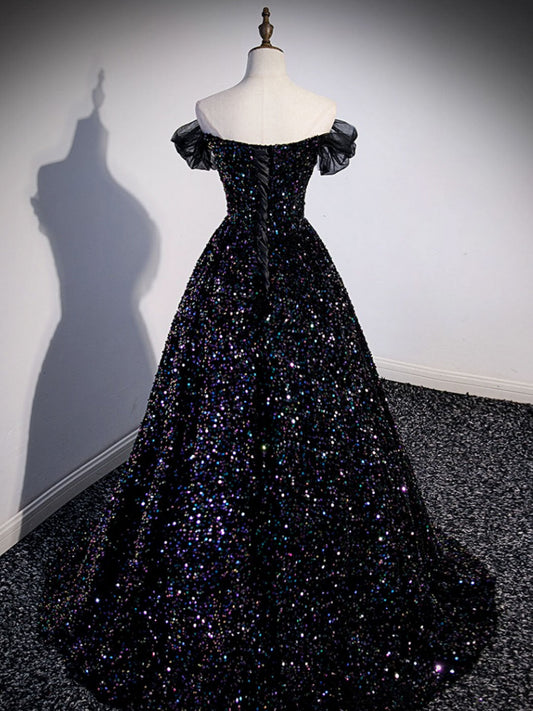 A-Line Sequin Black Long Prom Dress Off-Shoulder Black Evening Dress