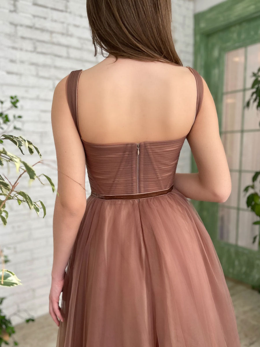 Simple A-Line Tea-Length Brown Prom Dress Brown Homecoming Dress