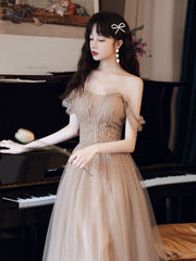 Champagne Tulle Beaded A-Line Long Prom Dress Champagne Evening Dress