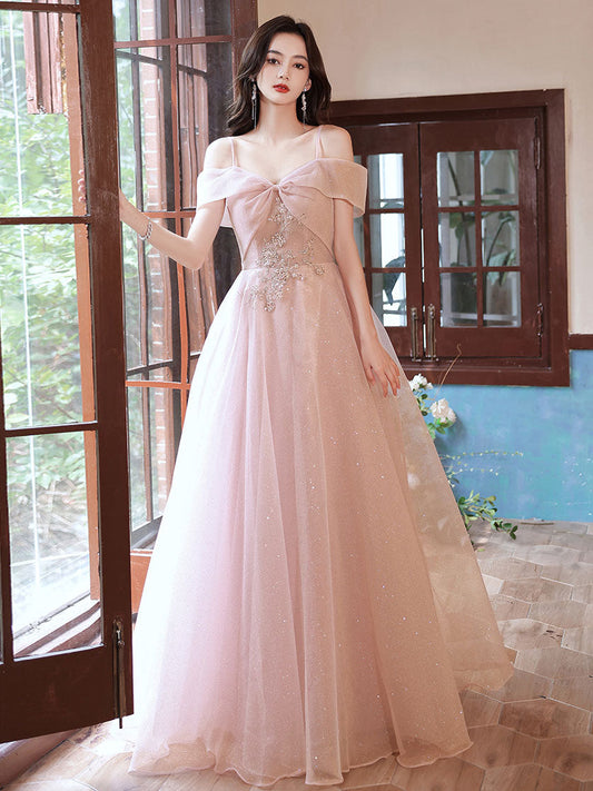 Pink Off-Shoulder Tulle Long Prom Dress Pink Tulle Evening Dress