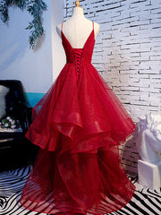 Burgundy V-Neck Tulle Long Prom Dress Burgundy Evening Dress