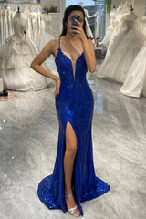 Glitter Royal Blue Mermaid Long Prom Dress With Slit