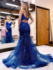 Dark Blue Mermaid Long Prom Dress Blue Lace Long Evening Dress