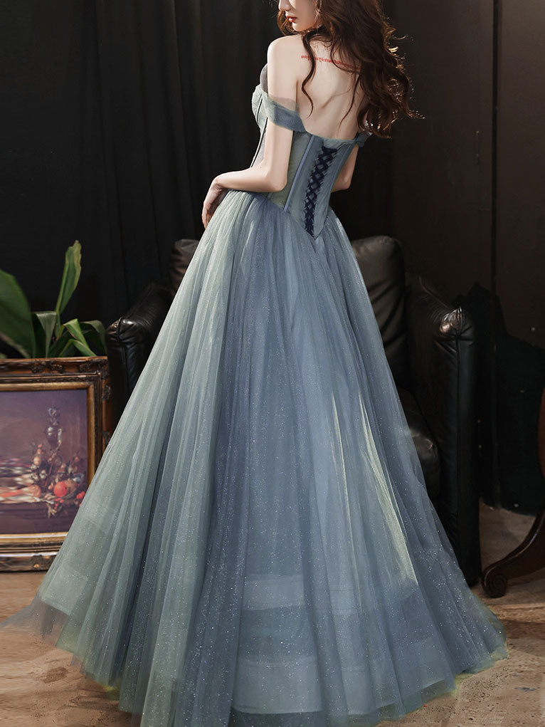 Gray Blue Sweetheart Neck Tulle Long Prom Dress White Tulle Formal Dress