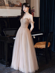 Champagne Tulle Beaded A-Line Long Prom Dress Champagne Evening Dress