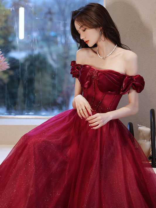 Burgundy Off-Shoulder Tulle Long Prom Dress Burgundy Evening Dress