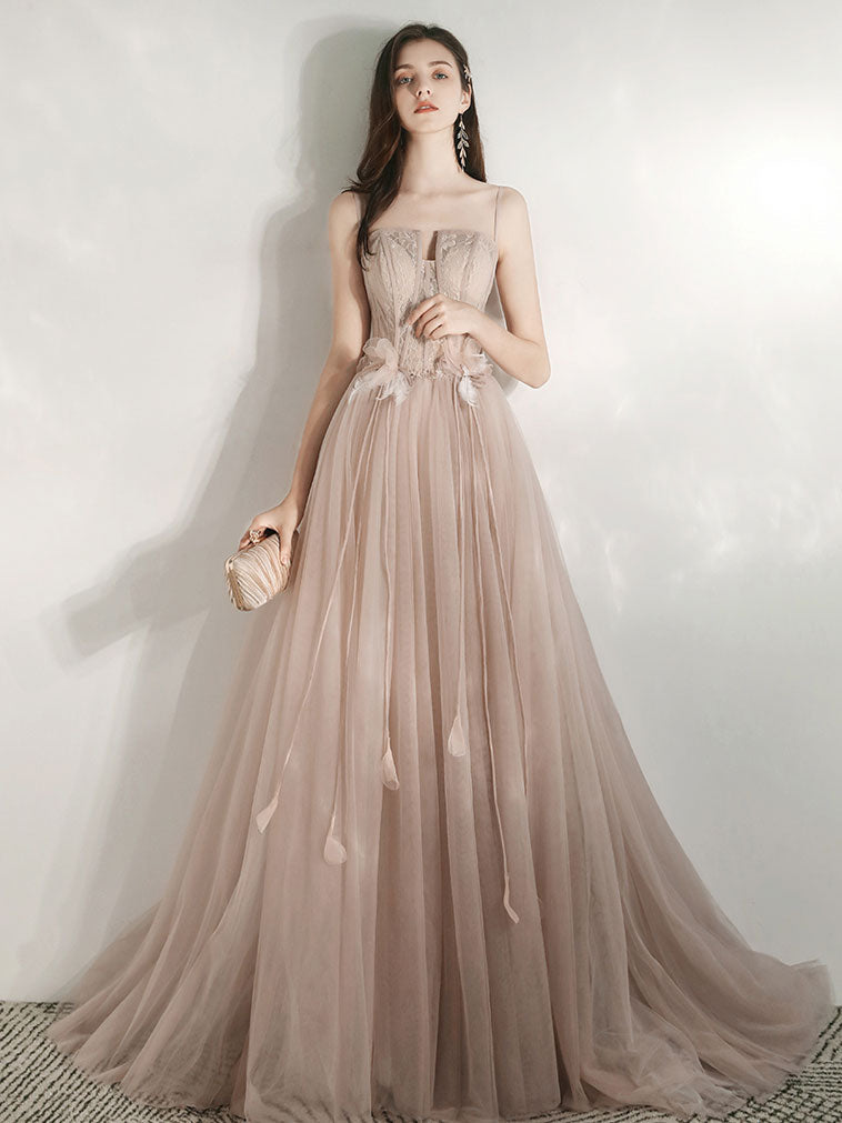 Champagne A-Line Tulle Lace Long Prom Dress Champagne Lace Formal Dress