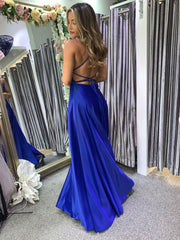 Simple Blue Satin Long Prom Dress Blue Satin Evening Dress