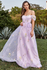 Lavender A Line Tulle Off the Shoulder Embroidery Prom Dress