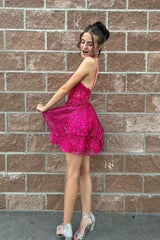 hot girly pink a line sequin style lace short homecoming dresses