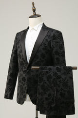 Sophisticated Black Peak Lapel Jacquard Men's Prom Suit