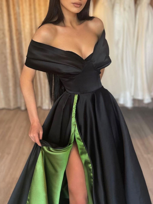 Simple Black Satin Off-Shoulder Long Prom Dress Black Evening Dress