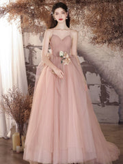 A-Line V-Neck Tulle Flower Pink Long Prom Dress Pink Long Evening Gown