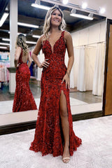 Dressystars Mermaid Sexy V Neck Sequined Lace Elegant Prom Dress with Split Design