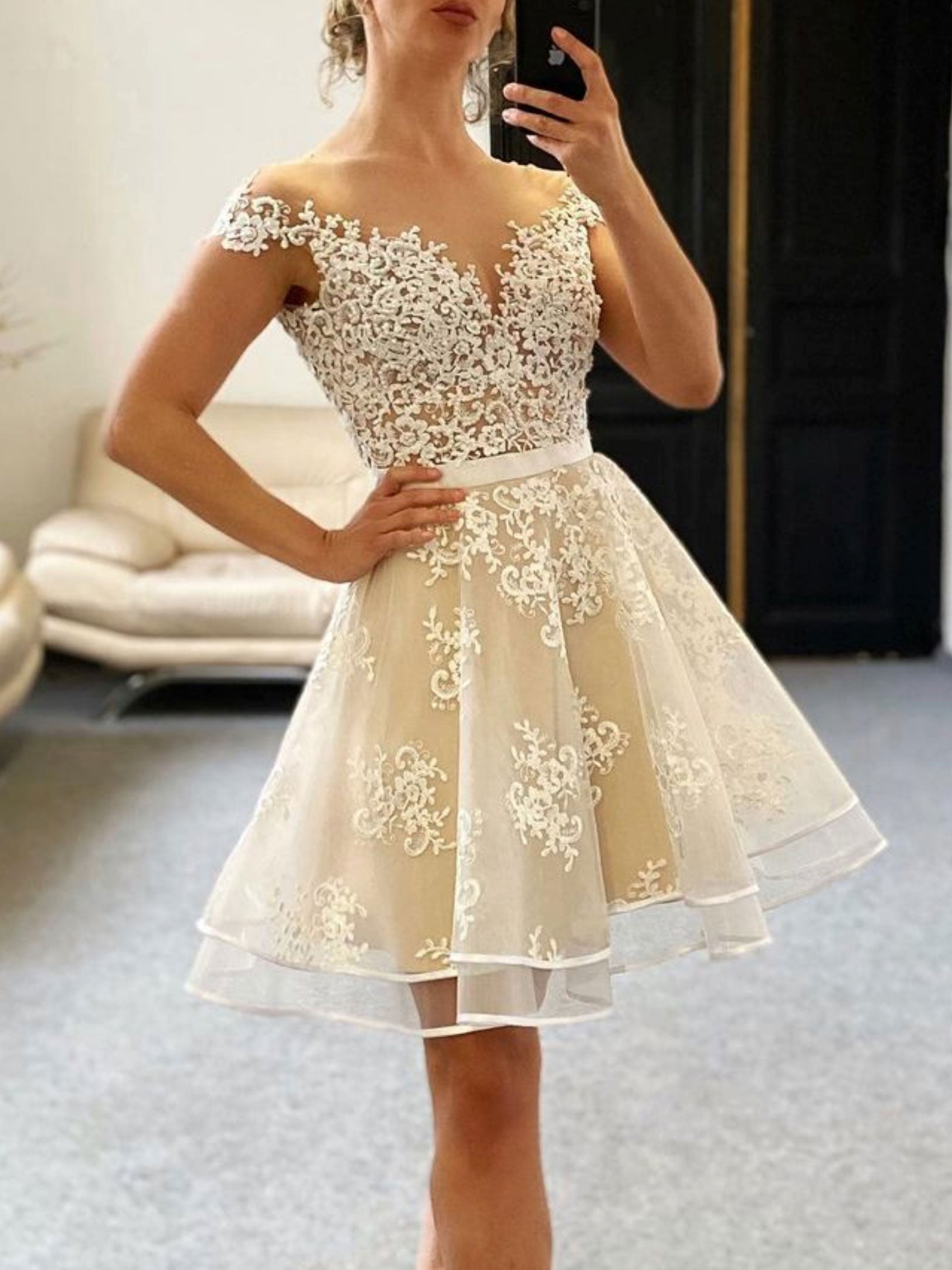 Champagne Lace Short Prom Dress Champagne Lace Cocktail Dress