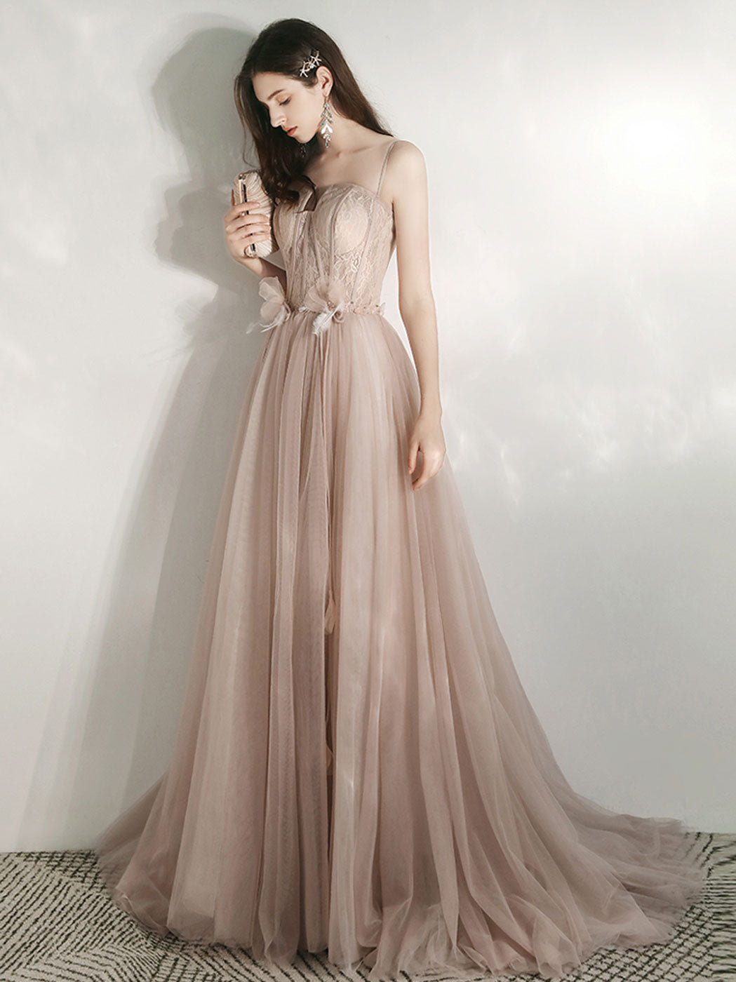 Champagne A-Line Tulle Lace Long Prom Dress Champagne Lace Formal Dress