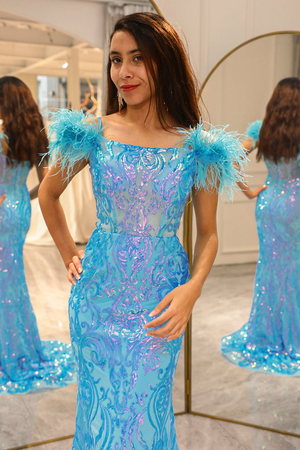 Shiny Light Blue Mermaid Long Prom Dress With Feather