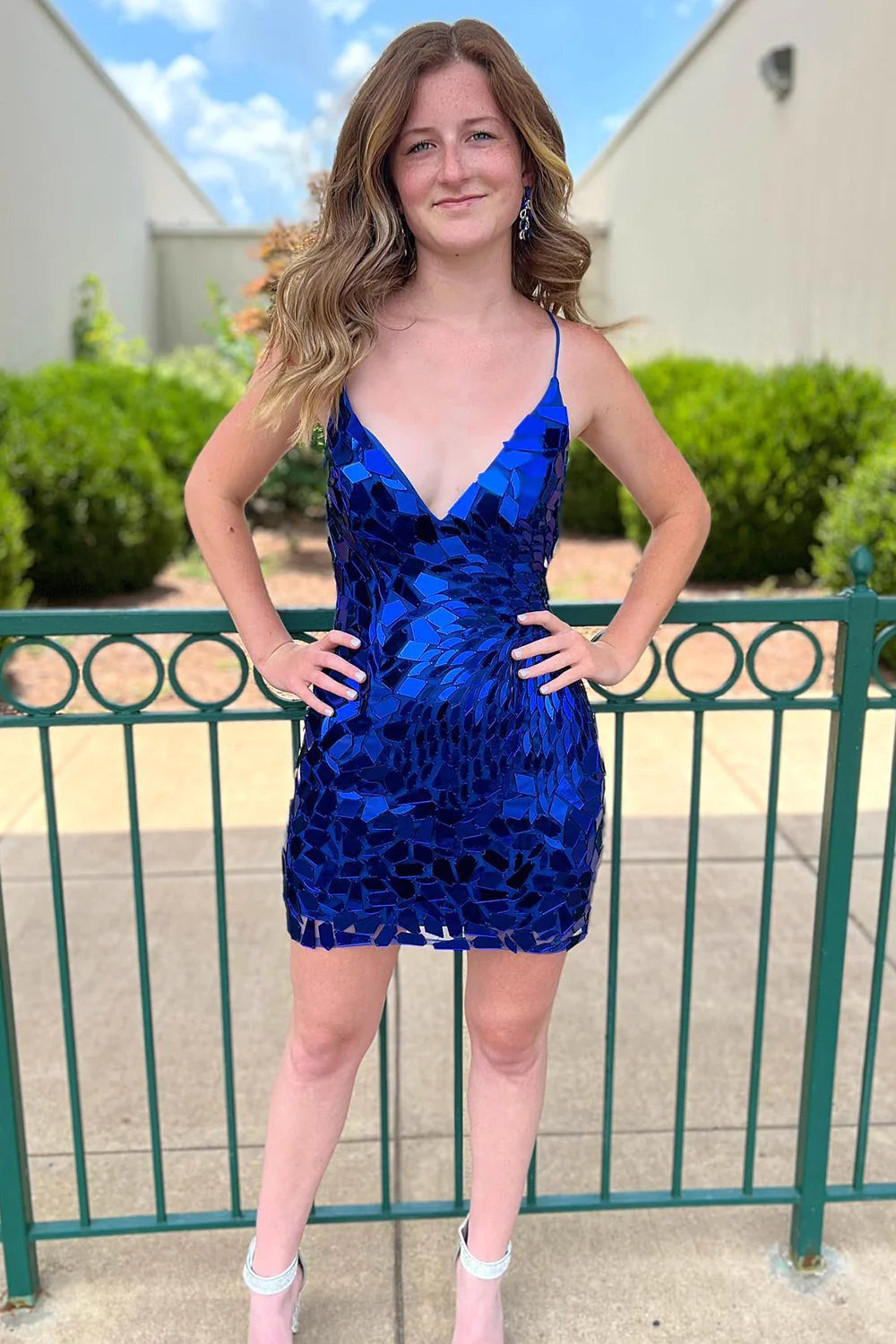 sparkly royal blue sequin styleed tight fitting short homecoming dress