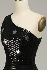 Sparkly Sequins Black One Shoulder Long Prom Dress with Stars