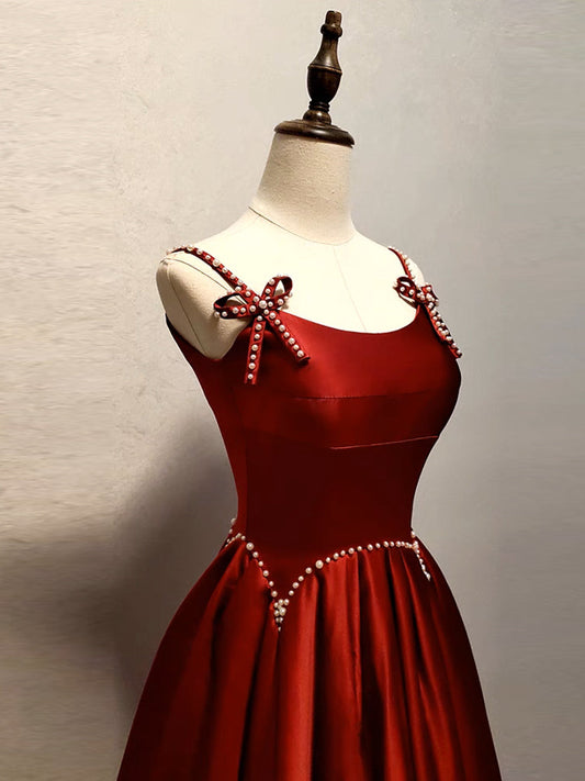 A-Line Satin Burgundy Long Prom Dress Burgundy Long Formal Dress