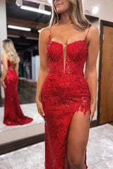 Red Spaghetti Straps Appliques Prom Dress with Slit