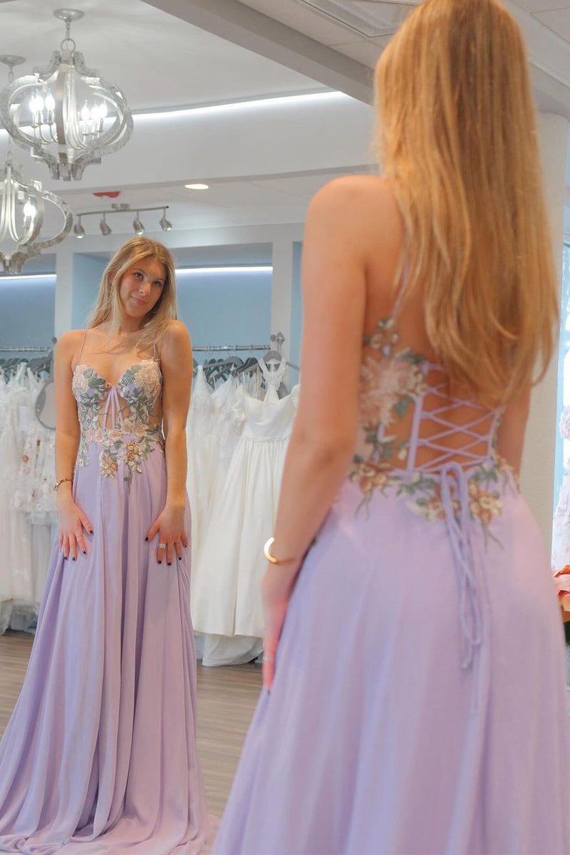 Lilac Chic Sweetheart Collar Chiffon Long Prom Dresses with Delicate Appliques