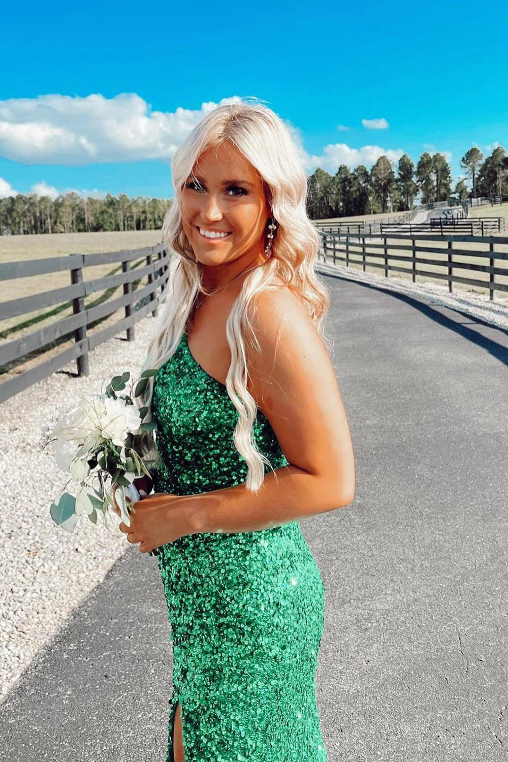 Green Sequin Long Prom Dress with Slit