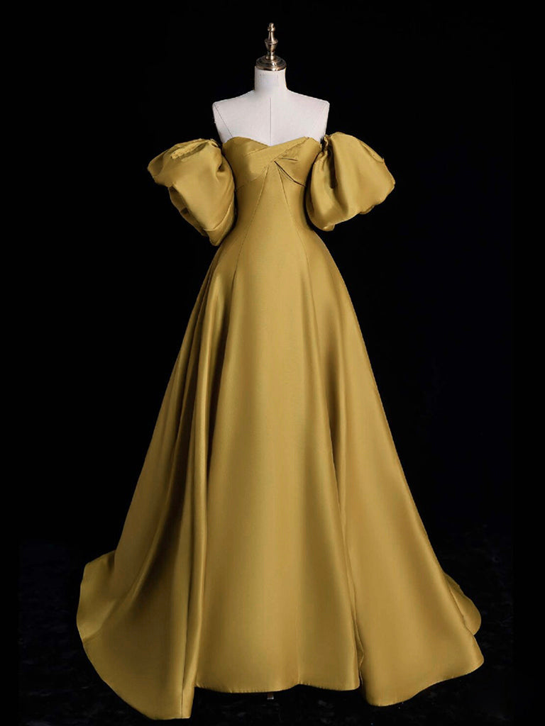 Yellow A-Line Satin Long Prom Dress Yellow Long Evening Dress