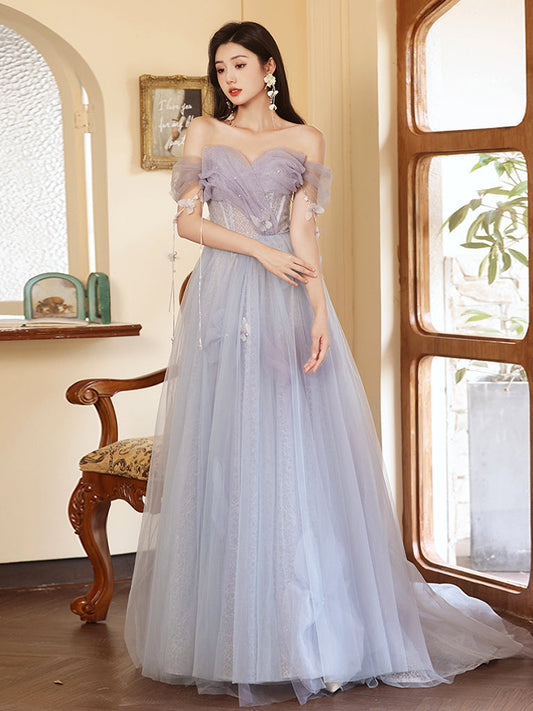 A-Line Sweetheart Neck Tulle Long Prom Dress Purple Formal Gown