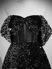 A-Line Sweetheart Neck Black Sequin Long Prom Dress Black Formal Dress