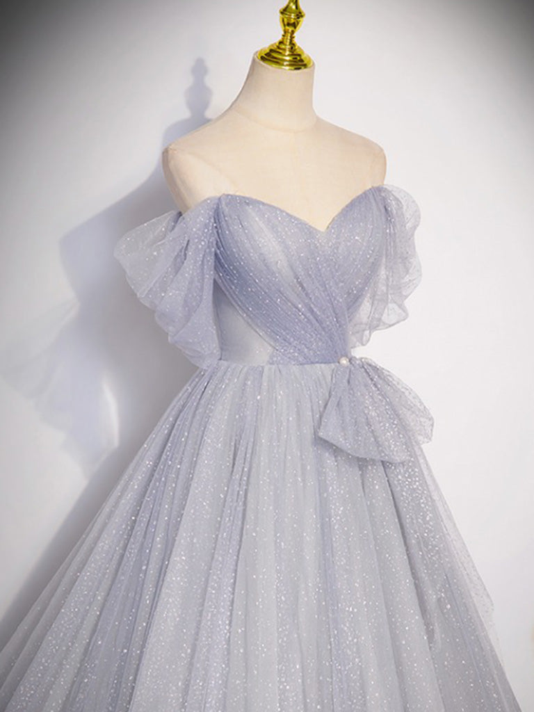 A-Line Off-Shoulder Tulle Long Gray Prom Dress Gray Formal Dress