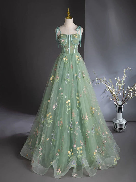 A-Line Sweetheart Neck Tulle Lace Green Long Prom Dress