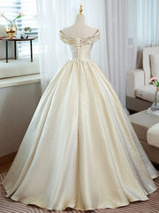 A-Line Satin Lace Off-Shoulder Champagne Long Prom Dress