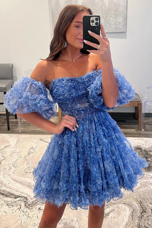 blue cute puff sleeves ruffle edge a line prints homecoming dress