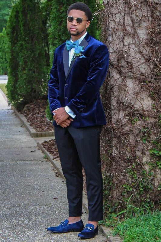 Unique Dark Blue Velvet Patchwork Notched Lapel Men's Prom Jacket