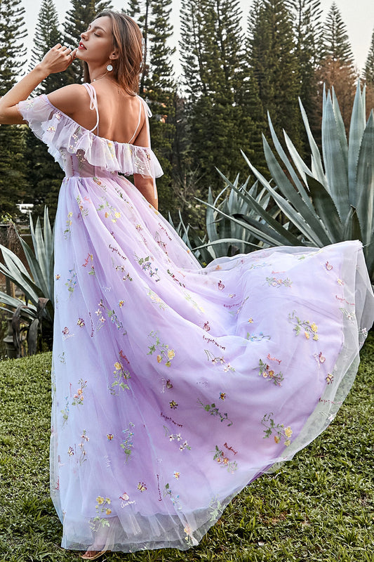 Purple Embroidery Long Prom Dress with Ruffles