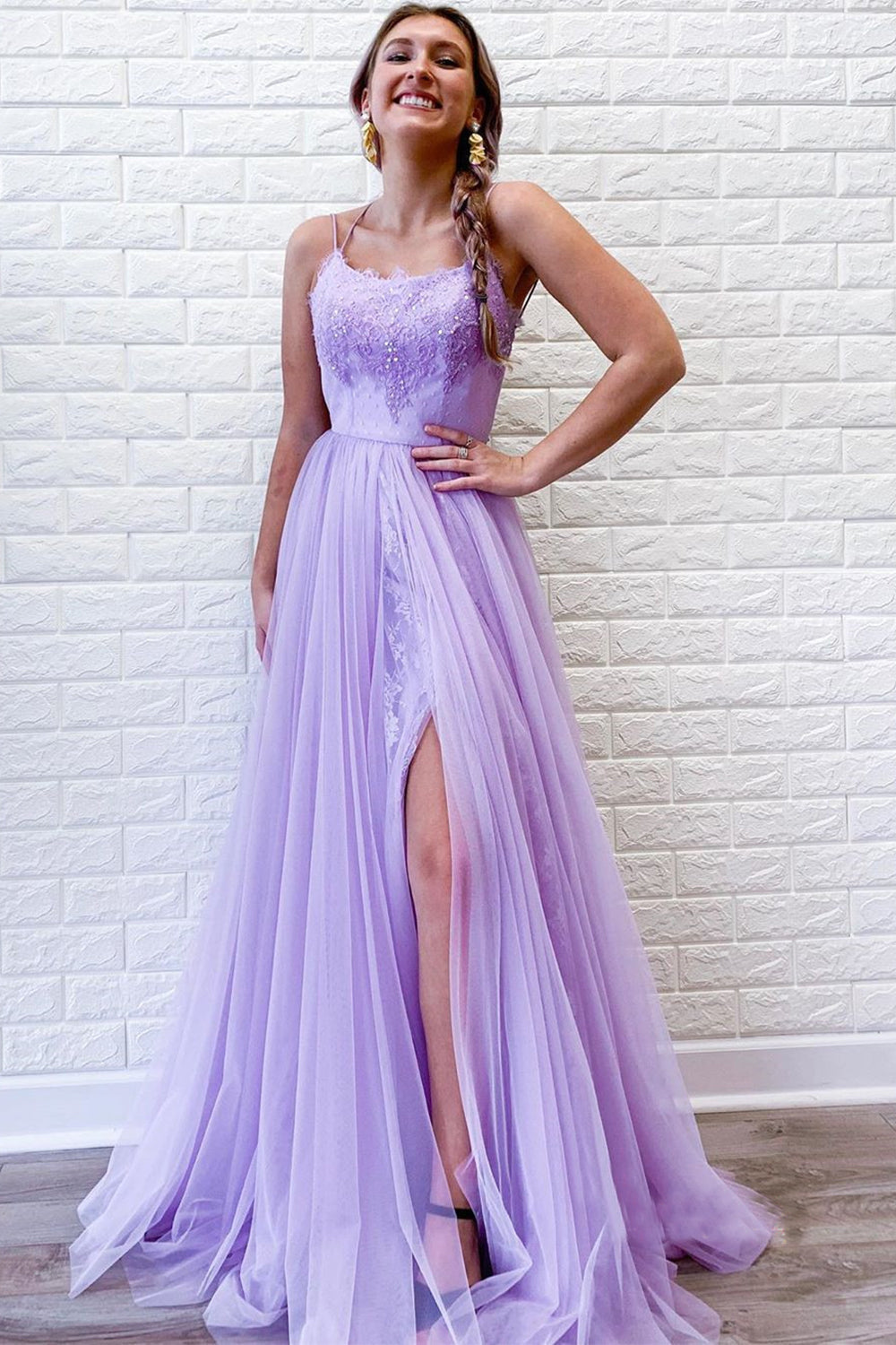 Light Purple Tulle Prom Dress with Lace