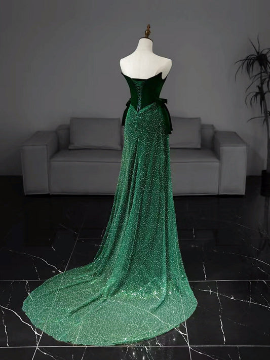 Mermaid Tulle Velvet Green Long Prom Dress Green Long Formal Dress