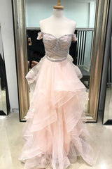 Pink Two-Piece Beaded Tulle Long Prom Dress Pink Evening Dress