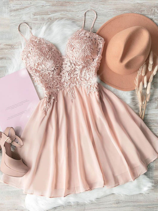 Pink Sweetheart Neck Chiffon Lace Short Prom Dress Lace Homecoming Dress