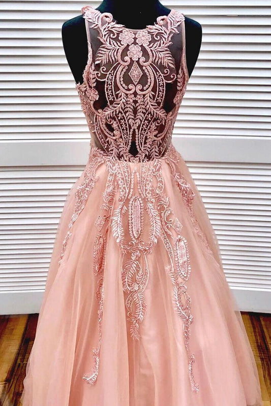 Unique Pink Round Neck Tulle Lace Long Prom Dress Pink Tulle Formal Dress