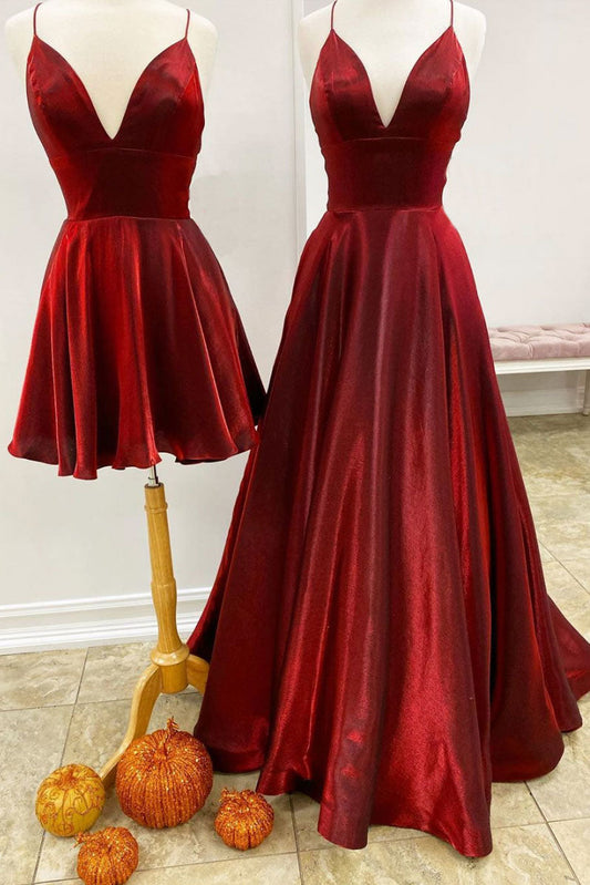 Simple Red V-Neck Satin Long Prom Dress Simple Evening Gown