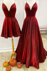 Simple Red V-Neck Satin Long Prom Dress Simple Evening Gown