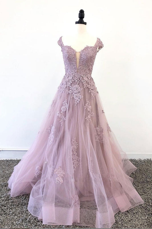 Pink Tulle Lace Long Prom Dress Pink Tulle Lace Evening Dress