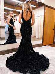 Unique Velvet Sequin Mermaid Long Prom Dress Sequin Formal Dress