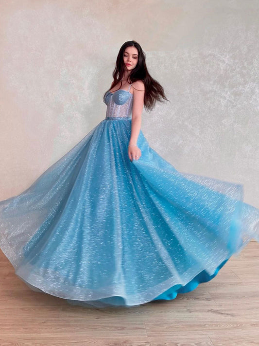 Blue Sweetheart Neck Tulle Sequin Long Prom Dress Blue Evening Dress