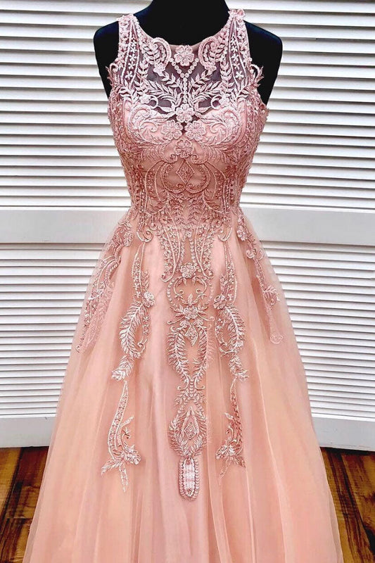 Unique Pink Round Neck Tulle Lace Long Prom Dress Pink Tulle Formal Dress