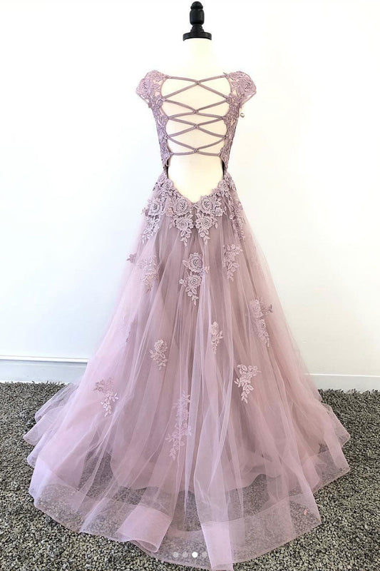 Pink Tulle Lace Long Prom Dress Pink Tulle Lace Evening Dress