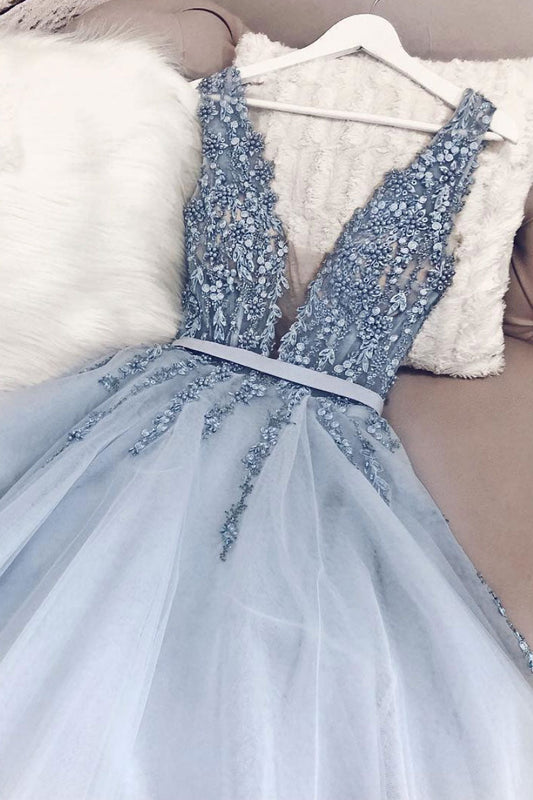 Blue V-Neck Tulle Lace Long Prom Dress Blue Evening Dress